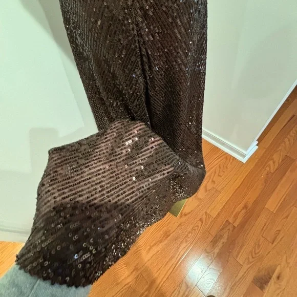 Y2K BROWN SEQUIN MAXI DRESS W KEYHOLE BACK GLAMOROUS GOWN MINIMALIST STYLE M - Picture 10 of 12